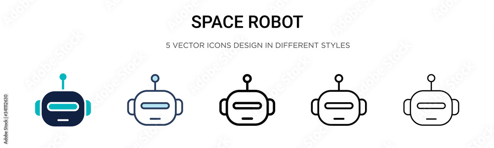 Poster space robot icon in filled, thin line, outline and stroke style. vector illustration of two colored 