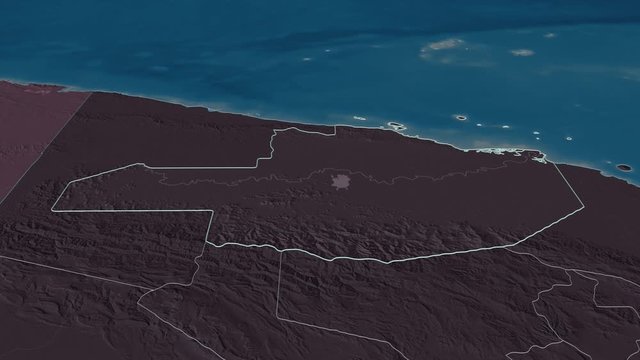 East Sepik, province with its capital, zoomed and extruded on the administrative map of Papua in the conformal Stereographic projection. Animation 3D