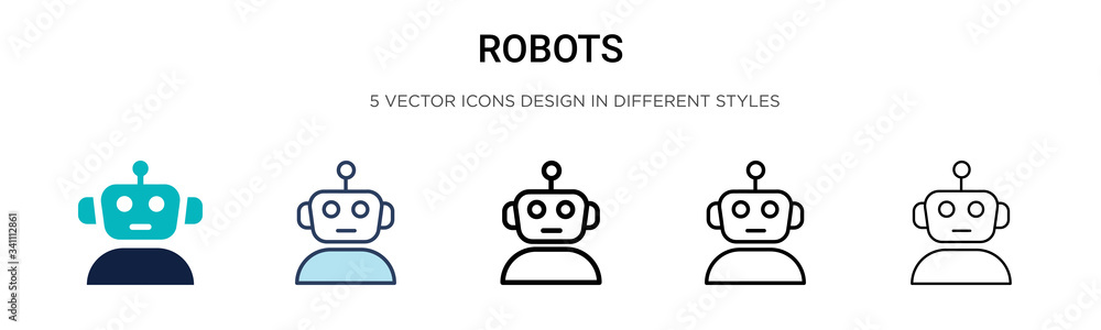 Poster robots icon in filled, thin line, outline and stroke style. vector illustration of two colored and b