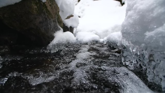 Close up running brook at winter, Carpathian mountains, Ukraine