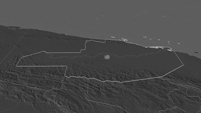 East Sepik, province with its capital, zoomed and extruded on the bilevel map of Papua in the conformal Stereographic projection. Animation 3D