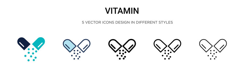 Vitamin icon in filled, thin line, outline and stroke style. Vector illustration of two colored and black vitamin vector icons designs can be used for mobile, ui, - obrazy, fototapety, plakaty