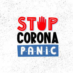 Stop coronavirus panic text lettering on white.