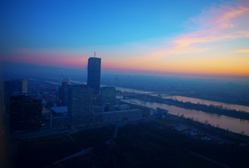 Panoramic view of Vienna and Danube in the evening