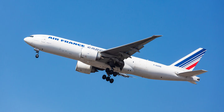 Chicago, USA - April 15, 2020: Air France Cargo Boeing 777 landing at O'Hare International airport.