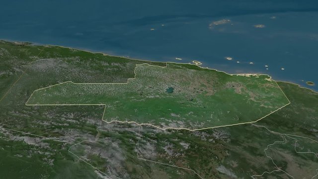 East Sepik, province with its capital, zoomed and extruded on the satellite map of Papua in the conformal Stereographic projection. Animation 3D