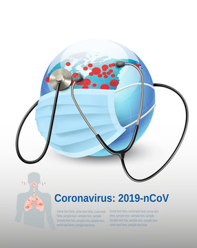 Coronavirus Background, COVID-19, Earth globe wearing protective Medical Surgical Face mask and stethoscope. Vector illustration