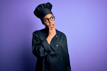 Young african american chef girl wearing cooker uniform and hat over purple background Thinking...