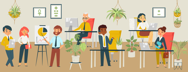 Obraz premium People at workshop at office conference, business staff education and presentation, company and businessmen cartoon vector illustration. Office workers and seminars. Human work resources. Career.