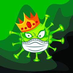 Cunning green virus character in a medical mask. Thus showing that he himself is afraid to get infected