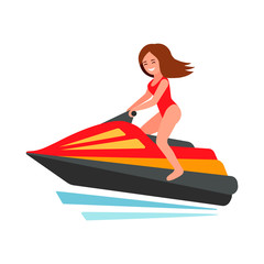 Woman riding jet ski flat vector illustration