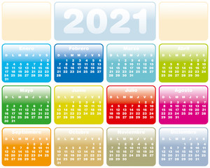 Colorful Calendar for Year 2021, Spanish Language.