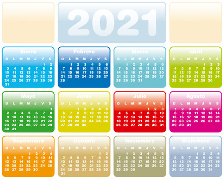 Colorful Calendar for Year 2021, Spanish Language.