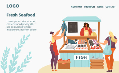 Fresh fish and seafood sale market or store webpage template flat vector illustration. Sea food in ice, customers and seller of raw salmon and tuna, products showcase full of fish. Street counter.