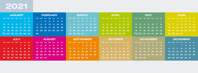 Colorful Calendar for year 2021 in vector format.
