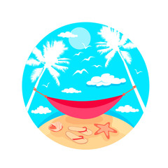 Hammock with palm trees on beach. Vector tropical background with sea. Flat style vector illustration.