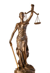 Bronze Themis statue - symbol of Justice - isolated on white