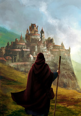 illustration fantasy d'un magicien de dos devant une ville avec château dans la plaine © nyothep