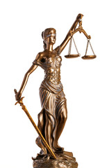 Bronze Themis statue - symbol of Justice - isolated on white