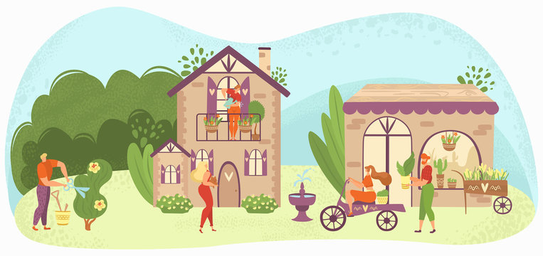 Garden care people gardening, growing plants and flowers near houses, gardeners flat vector illustration. People caring, planting, selling spring flowers and houseplants greenery in pots.