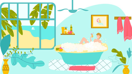 Girl relax in bathroom, smiling woman lying in bathtub full of soap foam bubbles cartoon vector illustration. Female character taking bath and relaxing. Relaxation during hygienic or spa procedure.