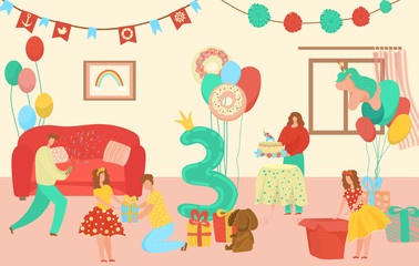 Little three year girl birthday, kids with baloon number 3 and presents, childrens party cartoon vector illustration. Small girl birthday interior with celebration cake, gifts and kids guests, mother.