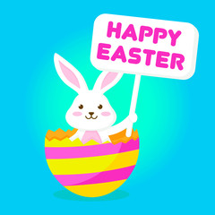 Cute rabbit joyfully climbs out of an Easter egg holding a sign for text in his hand