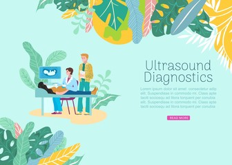 Pregnancy ultrasound examination by doctor of pregnant woman, happy husband and baby on monitor, motherhood web template vector illustration. Ultrasound diagnostics in clinic for pregnant.