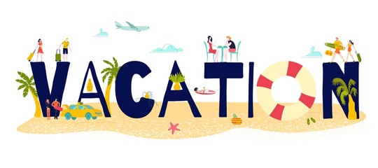 Hot tour travel for vacation sea holiday at summer, big letters and tiny people in swimming suits and with luggage, tourism to sea isolated flat vector illustration. Tourists vacation typography.