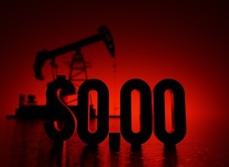 Oil prices collapse and goes to zero, conceptual red background image with oil pump rig and arrow down 3D render
