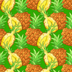Overlayed pineapple on green backdrop. Tropical fruits seamless pattern for wrap paper, sleeper, bath tile, apparel or bed linen. Phone case or cloth print art. Drawn style stock vector illustration