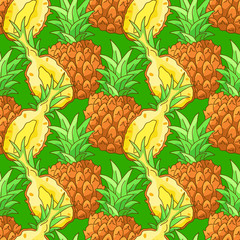 Overlayed pineapple on green backdrop. Tropical fruits seamless pattern for wrap paper, sleeper, bath tile, apparel or bed linen. Phone case or cloth print art. Drawn style stock vector illustration