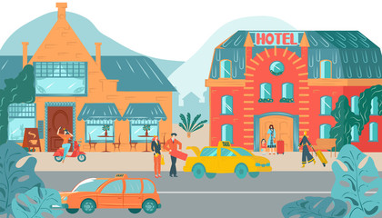 Houses exterior front, hotel home urban architecture flat vector illustration of townhouses facades buildings. Tourism to small town, old downtown, people with luggage enter hotel.
