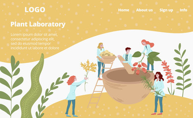 Laboratory medicines from plants, scientifical research in biology and genetics web template vector illustration. Scientist mini people make herbal medicine, medics analyzing plants, herbs webpage.