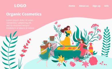 Organic cosmetics and spa procedures, flowers, plants and girls, cosmetologist salon webpage flat cartoon vector illustration. Cosmetology and natural plants extracts procedure web landing page.