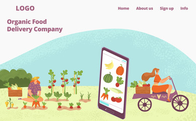 Organic fresh food delivery from farm, healthy natural vegetables and fruits for vegans and vegeterians web page flat vector illustration. Box on wheels with organic food and phone delivery app.