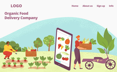Web app for organic food delivery, healthy natural vegetables and fruits for vegeterians web page flat vector illustration. Man on bicyle with box of organic food and phone delivery application.