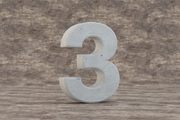 Concrete 3d number 3. Hard stone number on wooden background. Concrete alphabet with imperfections. 3d rendered font character.