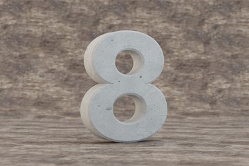 Concrete 3d number 8. Hard stone number on wooden background. Concrete alphabet with imperfections. 3d rendered font character.