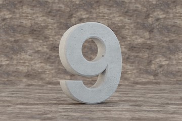 Concrete 3d number 9. Hard stone number on wooden background. Concrete alphabet with imperfections. 3d rendered font character.