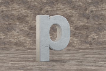 Obraz na płótnie Canvas Concrete 3d letter P lowercase. Hard stone letter on wooden background. Concrete alphabet with imperfections. 3d rendered font character.