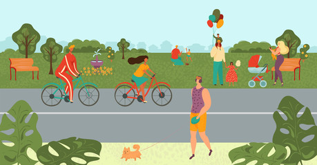 People relaxing in park, bicycling, doing sport, parent playing with kids in nature landscape cartoon vector illustration. Relax and activities outdoor, healthy park recreation, summertime relaxation.
