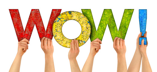 Volunteers people holding up colorful rainbow wooden letter with word WOW ! isolated  white...