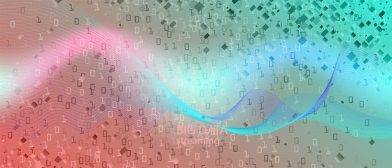 Big Data Stream Vector Wallpaper. Neon Tech Grunge Music Layout. Punk Futuristic Slide. Fractal Fluid Data Purple Blue Pink 