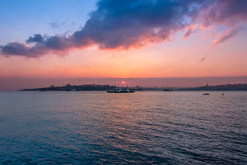 Istanbul, Turkey, 09 March 2006: Blue Mosque, Hagia Sophia Museum, Topkapi Palace, Historical Peninsula, Sunset