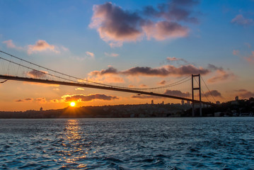 Fototapeta na wymiar Istanbul, Turkey, 09 April 2006: Bosphorus Bridge, Sunset