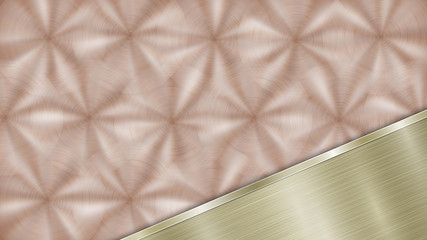 Background consisting of a bronze shiny metallic surface and one polished golden plate located in corner, with a metal texture, glares and burnished edge