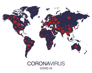 Coronavirus Map. Covid-19. Stop. No Infection. Dangerous Coronavirus Cell. Bacteria. Caution. Outbreak. Pandemic medical concept. Isolated Vector Icon, Logo, Illustration
