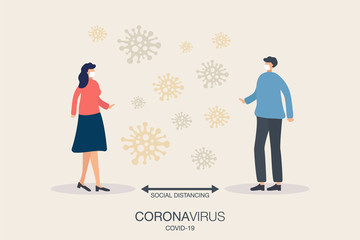 Social distancing. Concept man and woman with virus pathogens, keep distance in public society away to prevent COVID-19 coronavrius disease. Flat design vector illustration. Stop No Infection