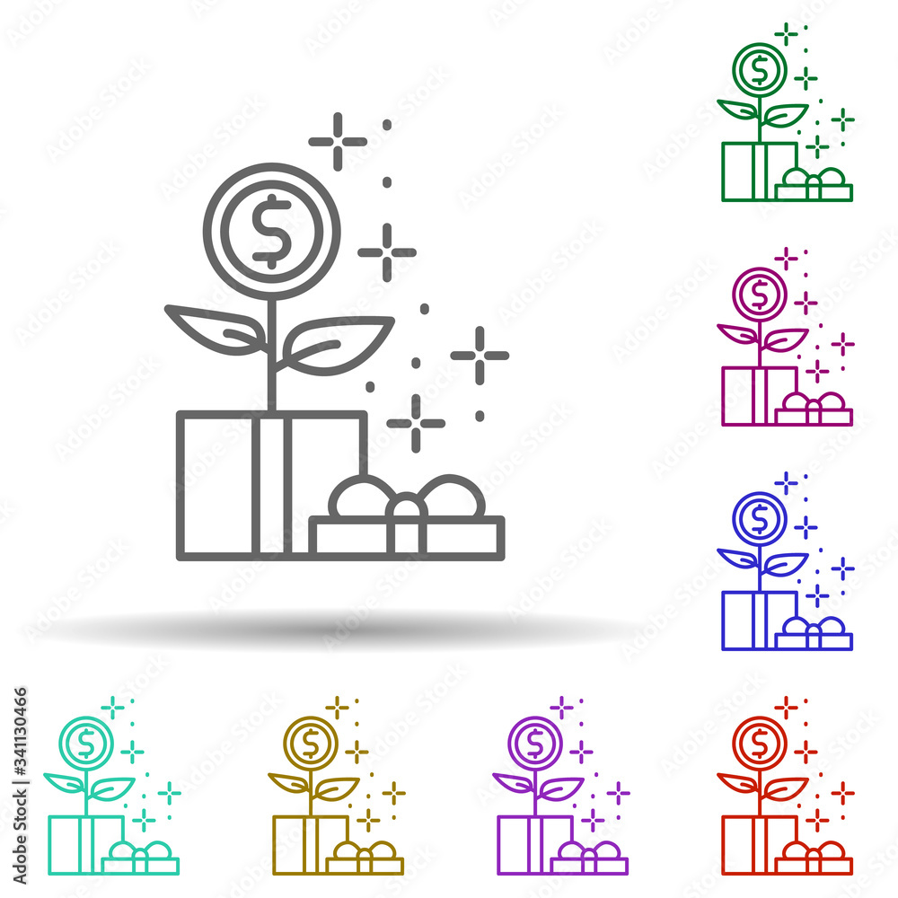 Poster gift box dollar plant multi color icon. simple thin line, outline vector of managment icons for ui a